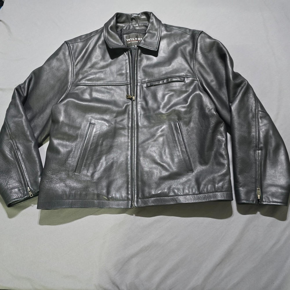 Wilsons Leather Jacket Mens L Black Pebbled Zip Up Point Collar Moto Coat